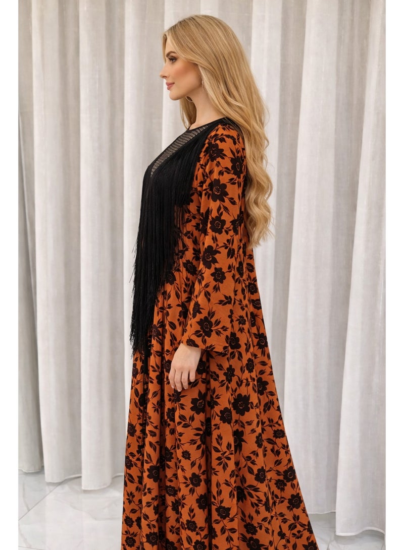 Women’s Floral Printed Jalabiya with Black Fringe Detail-Ramadan Collection - Image 2